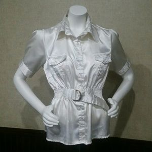 White Silk Button Belted Top by MaxRave Size L